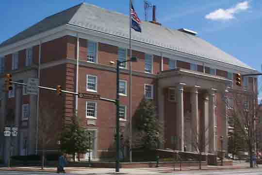 Large brick building with columns